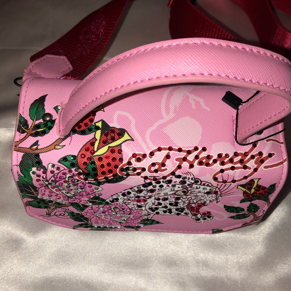 Ed Hardy Pink Multi Faux Leather Top Handle Crossbody Bag Leopard & Floral NWT - Picture 16 of 16